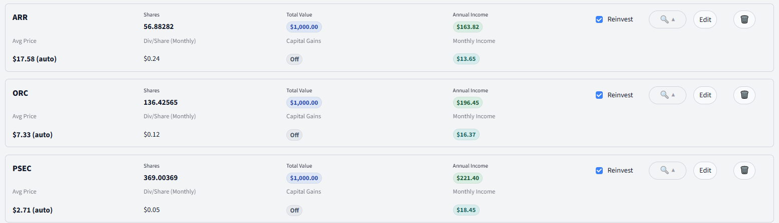 DividendSim holdings for ARR ORC PSEC (higher yield, negative 5-year price trend)