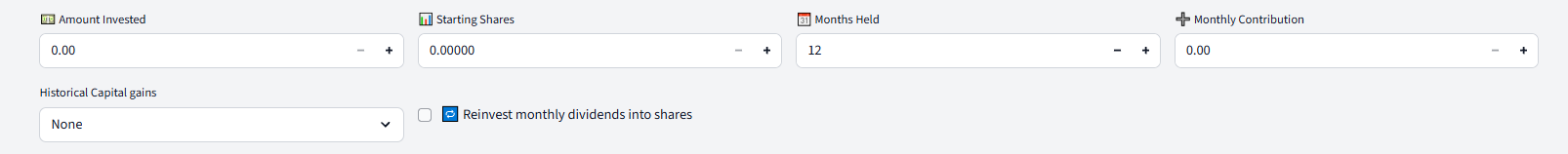 Simulation inputs for amount invested, starting shares, months held, monthly contribution, and DRIP checkbox