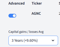 Portfolio table with Advanced toggle enabled and a Capital gains / losses Avg column