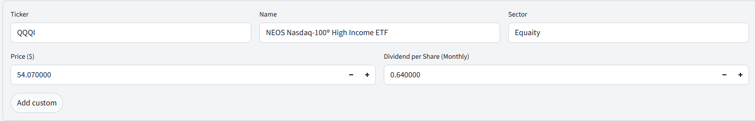 DividendSim custom ticker form with fields for ticker, name, sector, price, and monthly dividend
