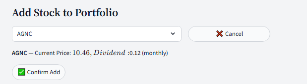 Add stock dialog on the DividendSim portfolio page with ticker dropdown and confirm add button