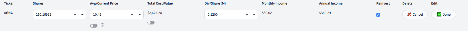 Edit mode for a DividendSim portfolio holding with editable shares, average price, total value, dividend per share, reinvest checkbox, and cancel/done buttons